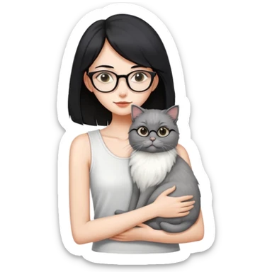 Skinny woman with oval glasses, shoulder length straight black hair, wearing white sleeveless top, hugging a grey Persian-Angora cat, plain background sticker