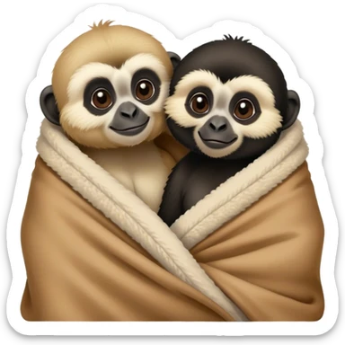 Two gibbons, one black and one tan, cozy snuggling in a blanket, cute Disney-style  sticker