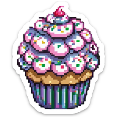 giant cupcake with pink icing and colorful sprinkles in pixel art style sticker