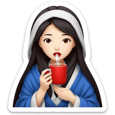 sexy asian japanese girl, red lips, long dark hair, feeling ill, sickness, nose is red due to sickness, fully covered by blanket - even head, holding tea mug in hands sticker