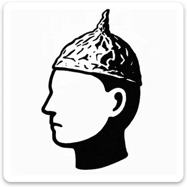 A black and white sphere with a head shape, wearing a small foil hat, stencil style, no shading sticker