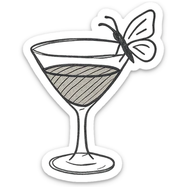 cocktail glass with burgundy drink and a butterfly perched on the rim, hand drawn style sticker