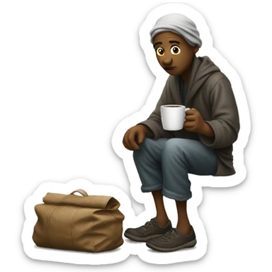a beggar asking for money with a coffe sticker
