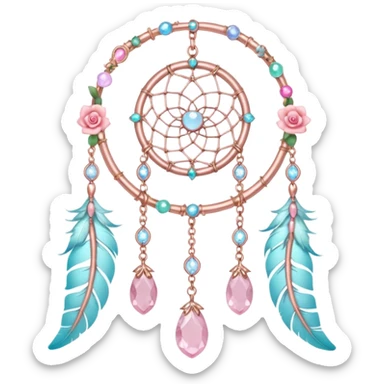 Rosy shiny glossy sparkly romantic pastel crescent damask moon with rose quartz pastel vines pastel gems pastel beads with feathers and chains  suncatcher-dreamcatcher sticker