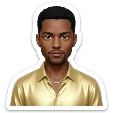 Usher with dark brown eyes, black hair, light yellow metallic shirt, silver necklace sticker