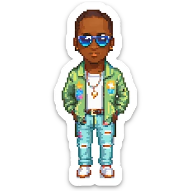 Diddy, the famous rapper and music producer, depicted in a fun and recognizable way, with sunglasses and stylish clothing, pixel art style sticker