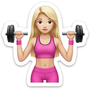 beautiful girl with brown hairs in sport wear in her hands is dumbbells her skin was light and hairs too and her sport wear was pink  her hair was long and blonde  sticker