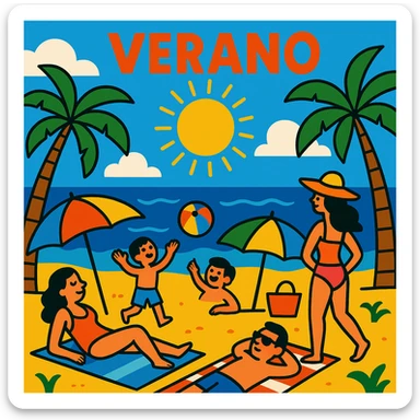 verano, summer, bright sun, beach, vibrant colors, cartoon style sticker