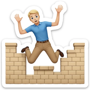 Blonde man with blue eyes wearing brown trousers and cream shirt jumping over a wall sticker