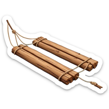 showing a simple wooden raft floating on calm blue water — made of several brown logs tied together with rope — gentle ripples around it — bright, cheerful lighting and soft shadows — minimalist, clean emoji design sticker