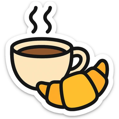 coffee and croissant, lineal color icon with black outlines sticker