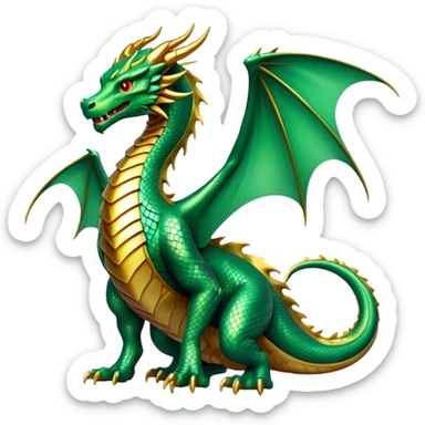 cinematic-noble-dragon-full body-emoji,-poised-and-majestic,-with-a-sinuous,-elongated-build-and-shimmering,-scale-covered-skin-in-hues-of-emerald-and-gold,-piercing,-fiery-eyes,-simplified-yet-sharp-and-sophisticated-features,-highly-detailed, zoomed out showing the serpentine body sticker