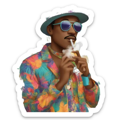 Person vaping wearing a colourful vibrant tropical patchwork of intricate vintage patterns, vape sticker