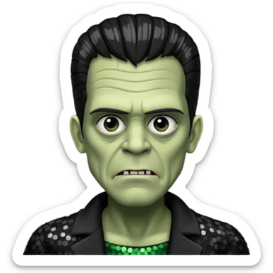 Frankenstein from Universal Monsters with grey green skin, jet black hair, black sequin outfit  sticker
