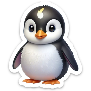 Cinematic Cute Baby Penguin Portrait Emoji, Head tilted playfully and inquisitively, with irresistibly fluffy plumage accented by a tiny beak and round, sparkling eyes filled with wonder, Simplified yet irresistibly adorable features, highly detailed, glowing with a warm, friendly polar glow, high shine, affectionate and lively, stylized with a touch of whimsical charm, bright and endearing, soft glowing outline, capturing the essence of a mischievous yet loving penguin that feels like it could slide out of the screen into your arms! sticker