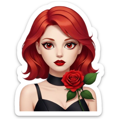 a beautiful angry woman with red hair and red eyes. The woman wear a black little cutted dress. She have red lipstick and she have a seductive look. She have a rose flower in her hair sticker