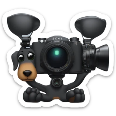 a black dachshund dog holds a camera SONY in its paws medium plan sticker