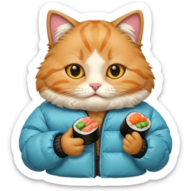 cat wearing a puffy jacket and eating sushi sticker