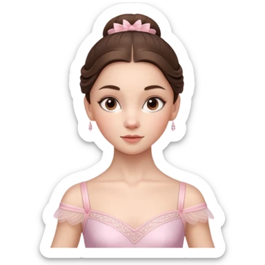 Cinematic Realistic ballerina Portrait, depicted with lifelike skin texture, subtle rosy undertones, and soft natural lighting that enhances the gentle contours of her face. Her intricately detailed sweet brunette hair is elegantly styled, sticker