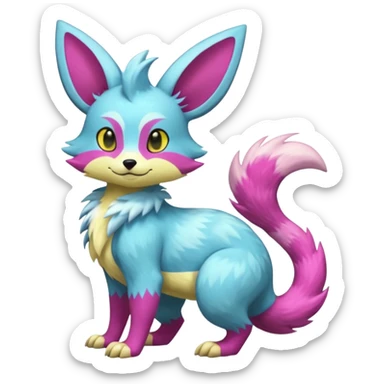 Shiny smooth silky soft Cyan-Yellowish-Magenta Minccino-Zeraora-Emolga-Vernid-Sergal-fusion-hybrid-animal-creature, full body sticker