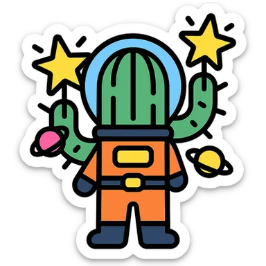A spacesuit-wearing cactus blooming neon stars instead of flowers, with mini planets on its prickles sticker