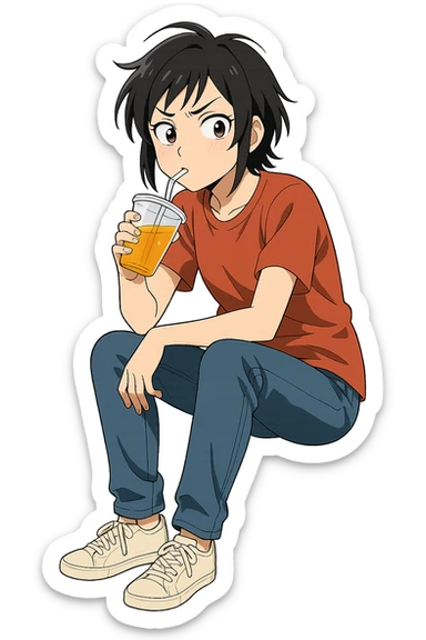 Kitsui Akira sipping a drink, full body, casual pose, expressive face, modern anime style, clean lines, vibrant colors sticker