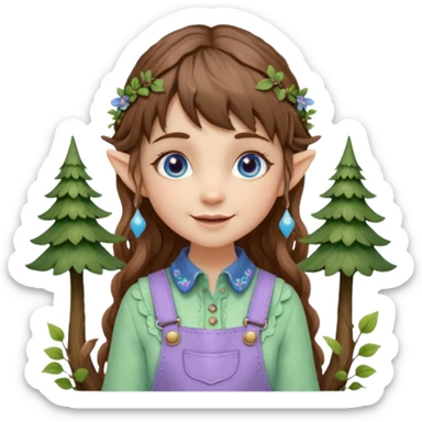 Kind happy whimsical quirky Girl toymaker, wood carving elf. Woodland nature creator. Blue eyes. brown hair (short just-below chin length) wavy hair & bangs. Whimsical playful cute. Overalls with nature embroidered cute shirt collar. Light green, light purple and light blue colour aesthetic  sticker
