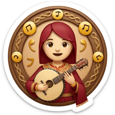 Create a warm and authentic emoji representing folk singing. The design should feature a traditional folk microphone at the center, surrounded by classic instruments such as a bayan (button accordion), gusli (a traditional Russian zither), and a tambourine. Arrange these instruments in a harmonious, circular pattern to evoke a sense of folk music and community performance. Use natural, earthy colors like wood brown, deep red, and golden accents to reflect the rustic and heartfelt spirit of folk music. Add subtle musical notes to the background to convey the rhythm and harmony of the performance. The background should be transparent. sticker