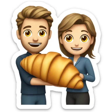 a happy caucassian woman and a man are  holding a croissant sticker