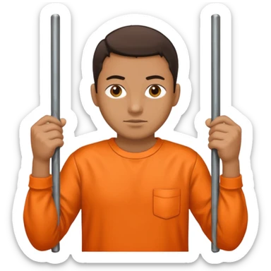 prisoner with orange shirt, metal bars in front of him and he holds the bars sticker