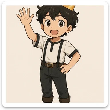 young anime boy with dark wavy hair, wearing a simple golden crown, white shirt with black trims and black suspenders, dark pants with belt and boots, standing confidently with one arm raised saying hello sticker
