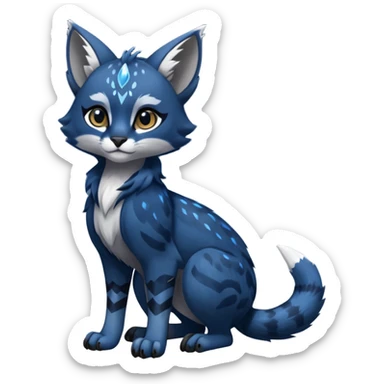 Cute kawaii cool edgy badass  glossy midnight-blue fur with silver starlight dusting fantasy-caracal-civet-genet-sergal-vernid-Gryphon-Cacomistle-Trico-oncilla-animal-Fakémon-hybrid-fursona (full body), facial markings, (realism style) sticker