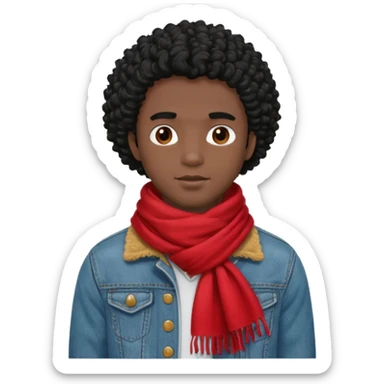 black skin man, curly black hair wear big red scraft, jean jacket sticker