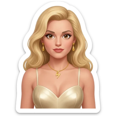 Honey Ryder from James Bond with hazel eyes, long blonde hair, ivory metallic sweetheart dress, gold necklace, earrings sticker