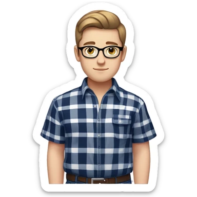 A chubby young white male teenager with facial stubble, thick black glasses, neatly trimmed short brown hair, exuding confidence, clad in a navy blue and white checked plaid short sleeve shirt that is unbuttoned with a white t-shirt underneath. sticker