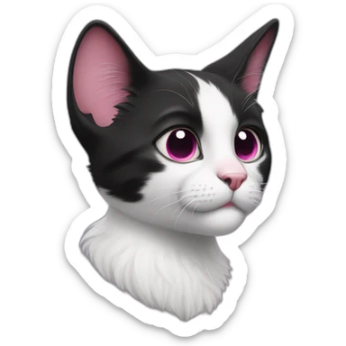 young black and white cat walking profile with round eyes, a pink nose, the white fur on his face only goes under the eyes to the bottom of his face, whispy tips on ears sticker