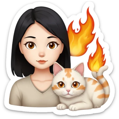 asian black hair girl with brown eyes and a mole on the right chin with flame point ragdoll cat and An American shorthair cat sticker