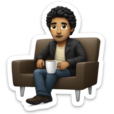 programmer with black hair programming in his mac, having coffee as well, sitting on the couch like a boss sticker