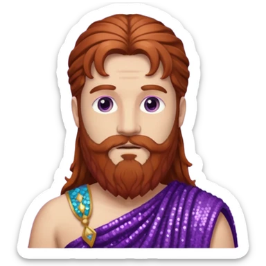 Liber from Roman Deities with long auburn hair and beard, purple sequin toga sticker