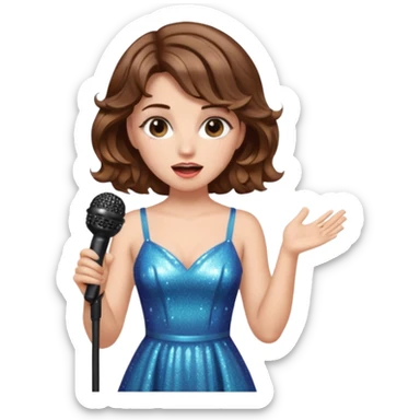 A short wavy female singer in sparkling dress holding a mic with emotional expression sticker