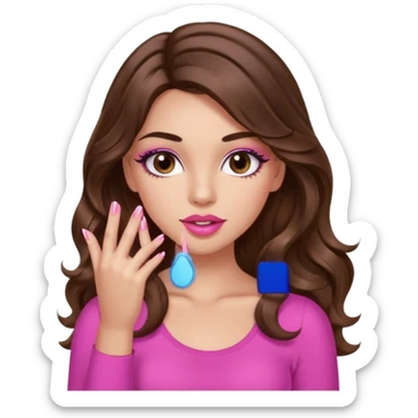 girl with long wavy brown hair, brown eyes, light to medium complexion, in a pink sexy top, pink lips, long lashes, puckered lips, showing my manicure one hand 5 fingers sticker