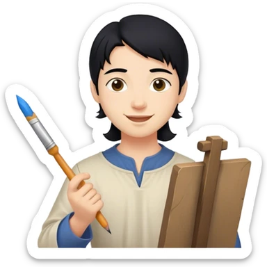 happy painter apprentice with black hair, drawing, medieval age sticker