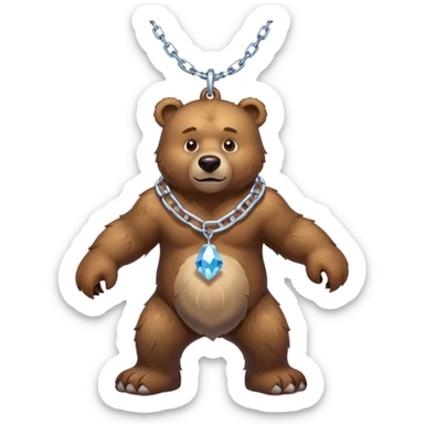Fierce brown bear walking on four paws with an ice chain necklace, frozen chain links made of crystal clear ice, serious face sticker