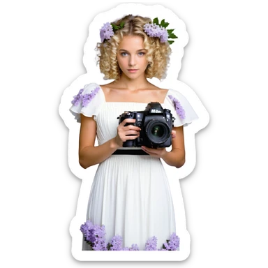 mujer rubia de rulos de 50 años con cámara Nikon y vestido largo blanco con flores lilas sticker