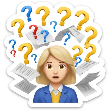 A kindergardenteacher with an overwhelmed expression, surrounded by flying papers and three question marks. sticker