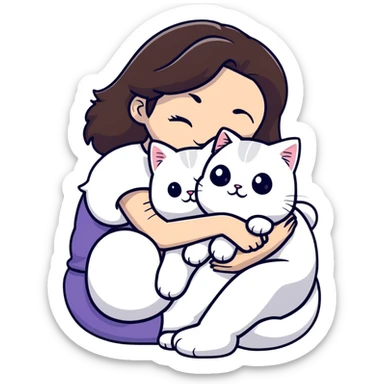 brunette girl snuggling white Persian cat sticker