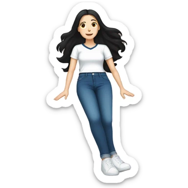 white woman with black hair, dark blue shirt and jeans, white sneakers, lying on the floor sticker
