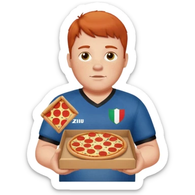 chubby light-freckled red-headed man with faded haircut and styled bangs, wearing black baggy jeans and 2024 Italian home court soccer jersey, holding a pizza box sticker