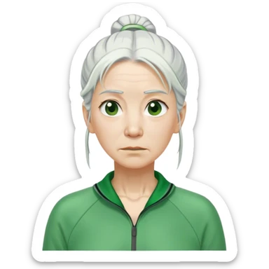 Hong is an old woman, around 50 years old,  Her white hair tie. green tracksuit. She is unkempt and damp with sweat. sticker