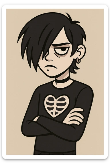 emo teen with dark hair covering one eye, expressive, moody, subtle piercings, pale skin, black clothing, minimal background sticker